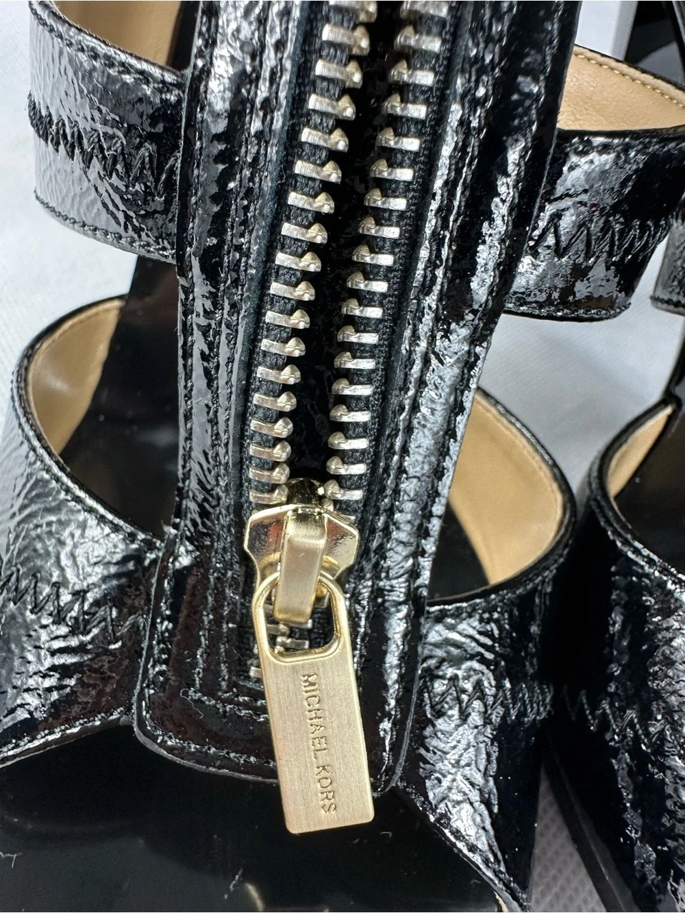 MICHAEL Michael Kors Black Patent Leather T-Strap Zip High Heels